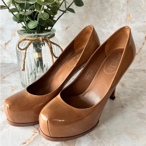 GUC YSL Nude Patent Leather Tribtoo Pumps size 37.5 Women - Picture 2 of 3